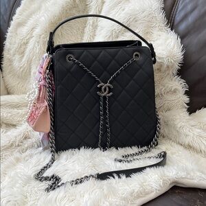 Chanel Bucket Black Quilted Caviar Top Handle and Crossbody Chain Shoulder Bag